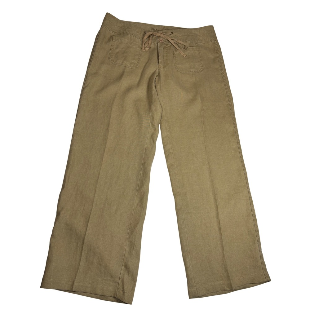 Cabi 417 Women Tan 100% Linen Wide Leg Drawstring Pants Size M Coastal Lagenlook